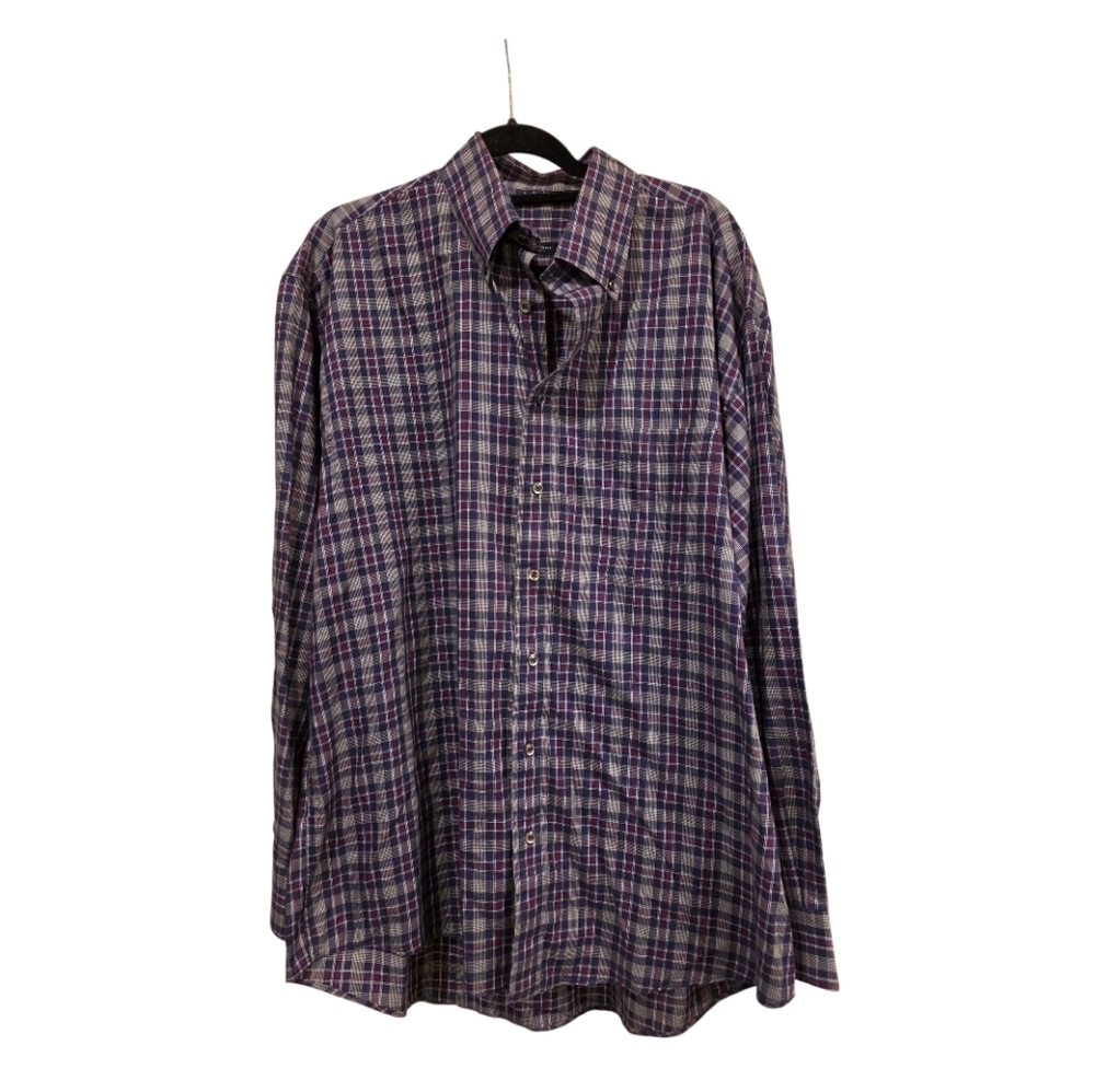 BURBERRY LONDON Navy Blue Plaid Check Button Down Shirt - Size XL